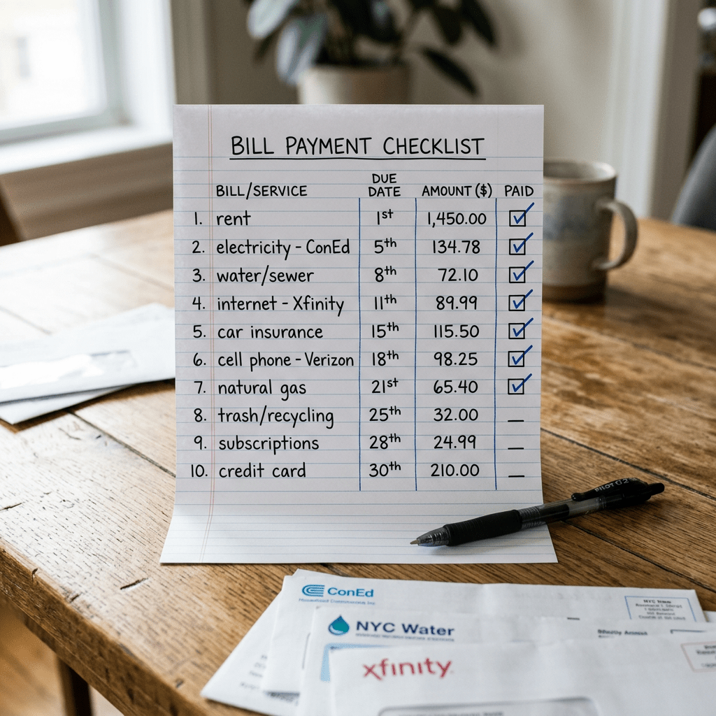 Handwritten bill payment checklist with due dates, amounts, and paid status
