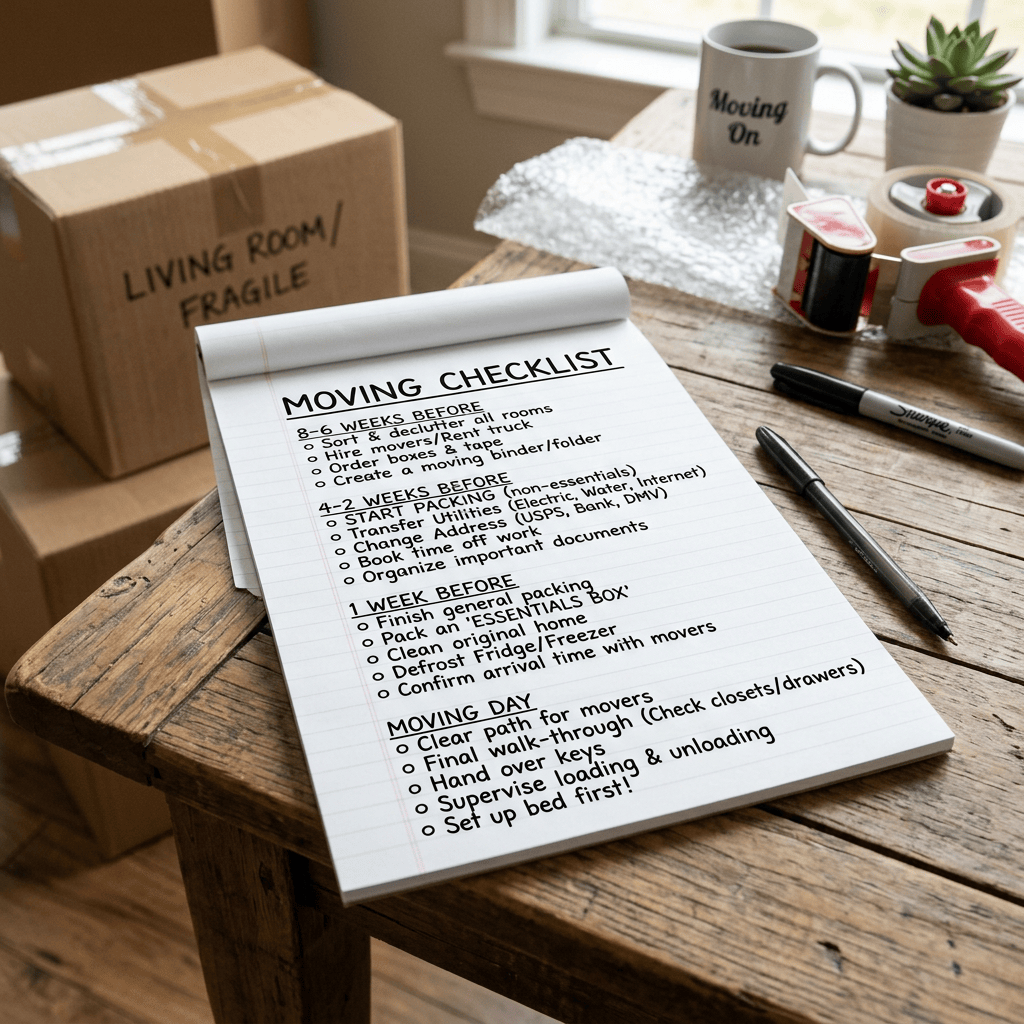 Moving checklist: 8–6 weeks before sort and declutter, hire movers or rent truck, order boxes and supplies, create moving binder or folder; 4–2 weeks before start packing non-essentials, transfer utilities, change address, book time off, organize important documents; 1 week before finish general packing, pack essentials box, clean original home, defrost refrigerator and freezer, confirm arrival time with movers; moving day clear path for movers, final walk-through, hand over keys, supervise loading and unloading, set up bed first.