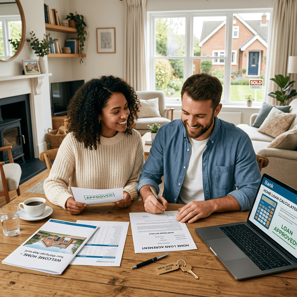 Couple reviewing approved home loan documents beside laptop showing loan approval